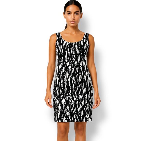 Tahari Women's Petite 4P Black White Abstract Sleeveless Midi Dress Work Artsy - Picture 1 of 10